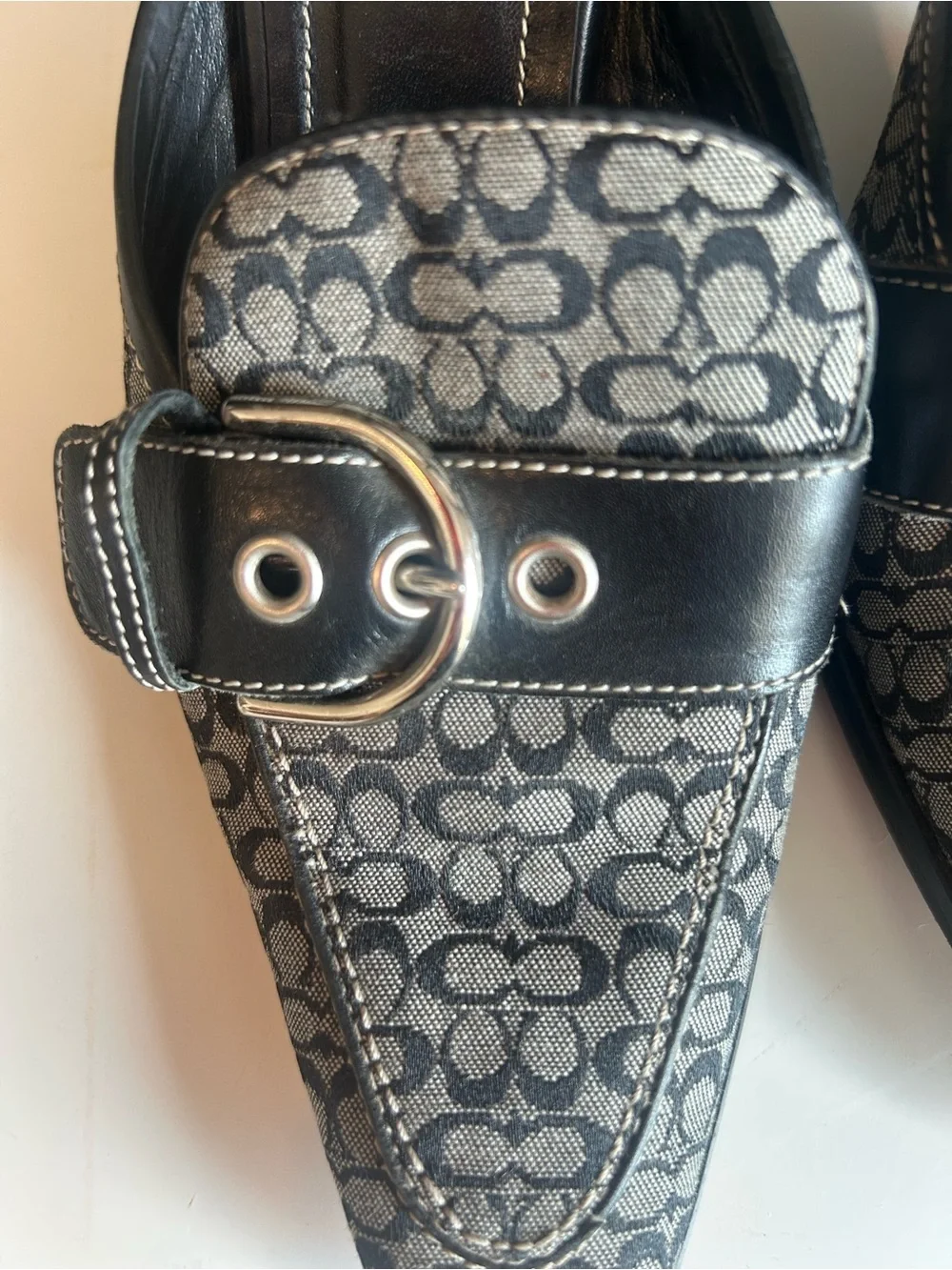 Vintage Coach Monogram Mules Pointed Toe Kitten Heel Buckle Clasp Black Gray Y2K